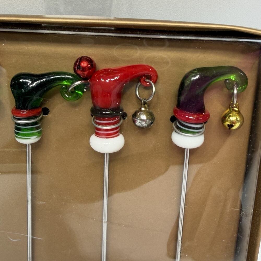 Pier 1 Christmas Art Glass Elf Hat Cocktail Picks Appetizer Sticks Bells NEW